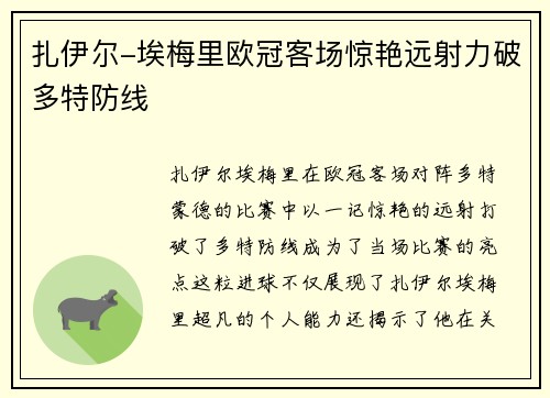 扎伊尔-埃梅里欧冠客场惊艳远射力破多特防线