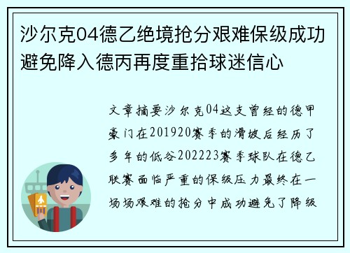 沙尔克04德乙绝境抢分艰难保级成功避免降入德丙再度重拾球迷信心